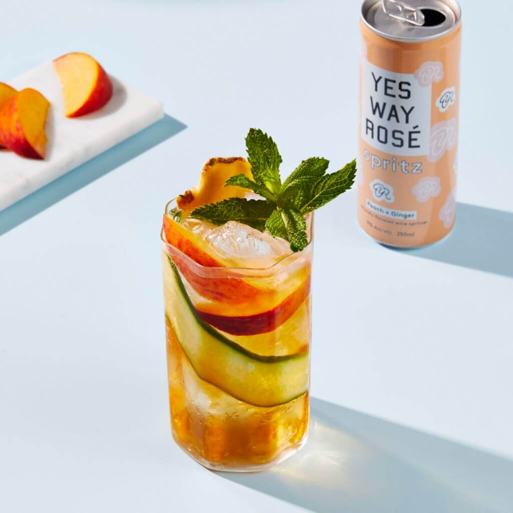 pimms-and-peach Drink and a yes way rose spritz can
