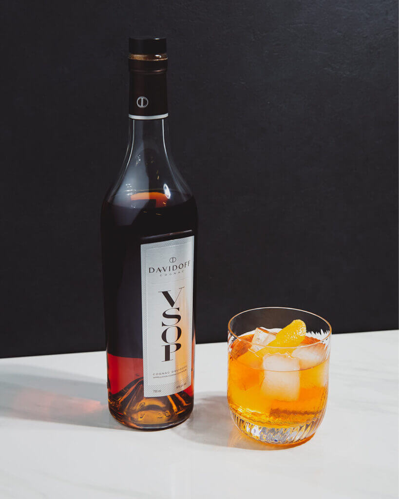Davidoff OldFashioned with ice and decorated with orange